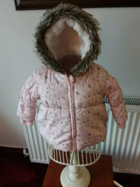 F&F - Baby Girls Pink Padded Fur Trimmed Hooded Coat - Age 3-6 Months