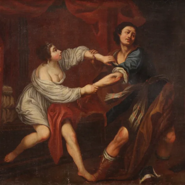 Pintura Joseph y la esposa de Potiphar cuadro antiguo oleo lienzo siglo XVIII