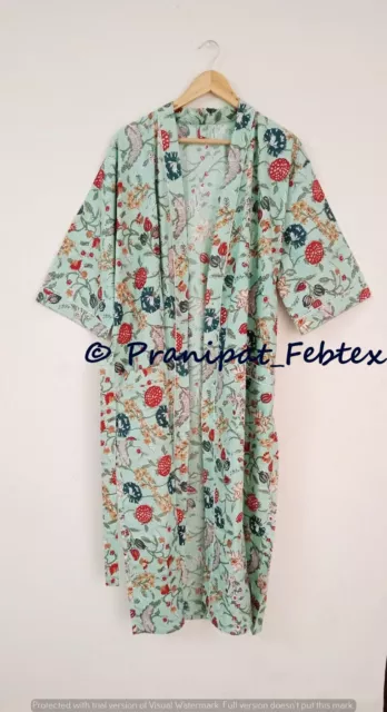 Mano Verde Menta Algodón Kimono Bata Estampado Floral Playa Encubrimiento Pijama 3