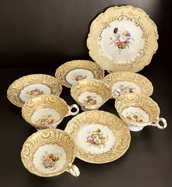 ANTIQUE 1830s Coalport Adelaide Shape Gold Gilt Floral Tea Set, Hand Painted 2