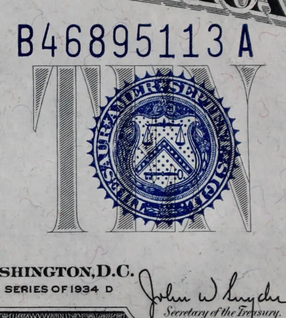 HG $10 1934D Wide blue seal Silver Certificate B46895113A series D, ten dollars