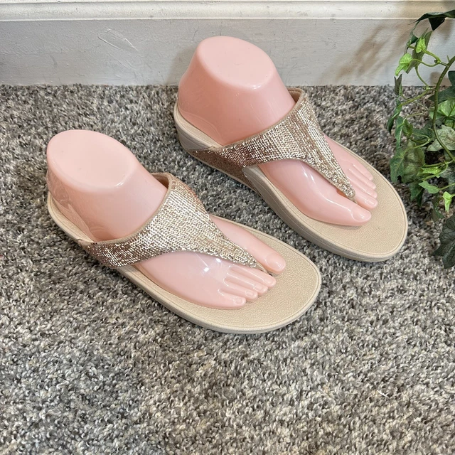 FitFlop Lulu Size 8 US Rose Gold Superglitz Sequin Thong Wedge Sandals Slip On 2