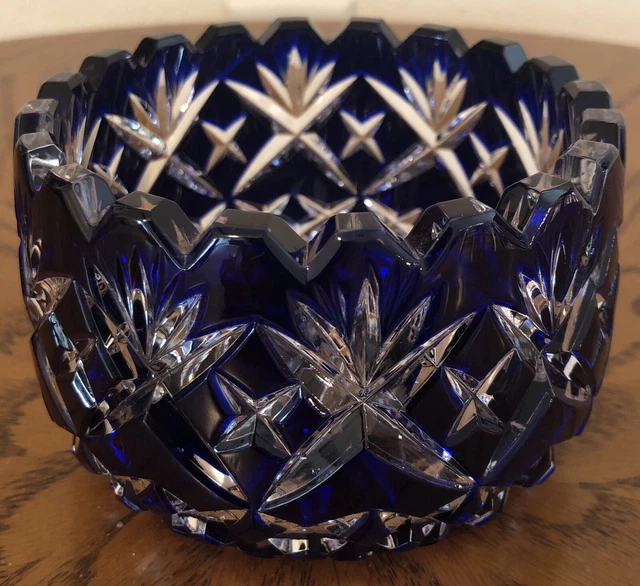 Lead Crystal Cobalt Blue Cut To Clear Bowl Dish-Beautiful Lead Crystal Cobalt Blue Cut To Clear Bowl Dish-Beautiful