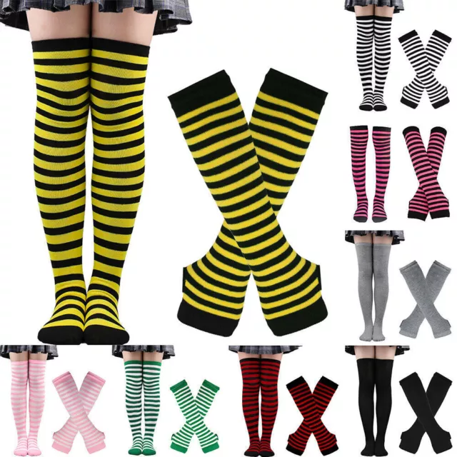 Overknee Strümpfe Damen Kniestrümpfe Bunt Ringel Baumwolle Fäustling Socken Set