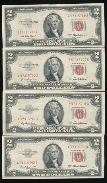 (4) 1953 A $2 Dollar Red Seal Notes Consecutive ~ Au/Cu ~ Ships Free!