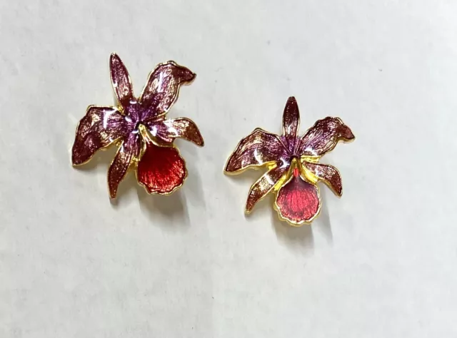 Gold Plate PURPLE/PINK Enamel Floral Flower Orchid Post Earrings