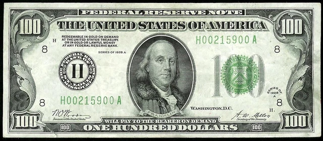 1928 A $100 St. Louis Federal Reserve Gold Redeemable On Demand Green Seal Note