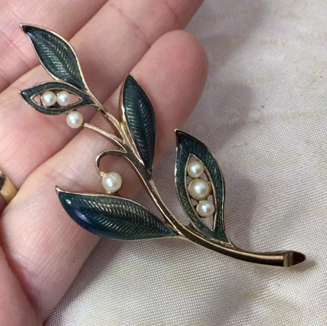 Vintage Jewellery Signed Enamel & Faux Pearl Lily Of The Valley Flower Brooch