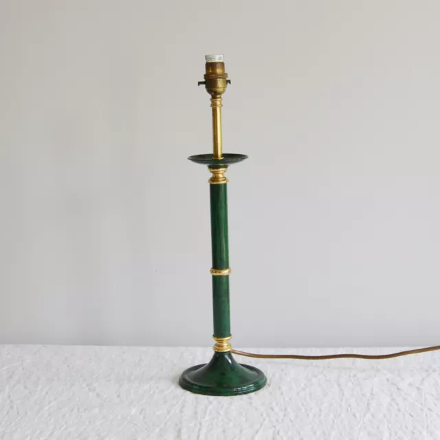 Vintage Green Column Candlestick Table Lamp, Brass Enamel Marbled Green 46cm