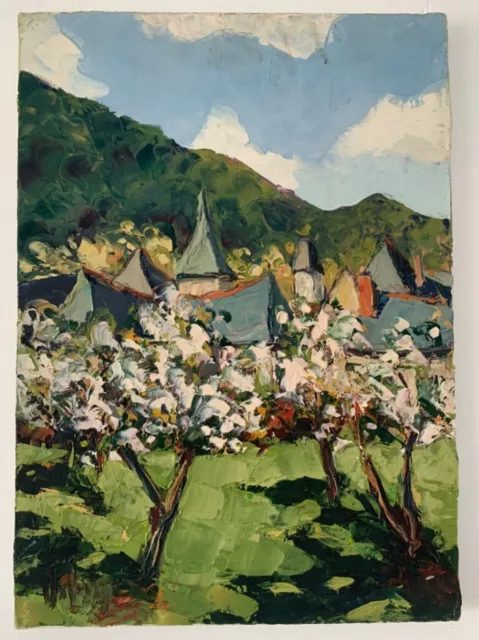 Tableau Peinture Huile Impressionniste XXème. Paysage rural Ville.