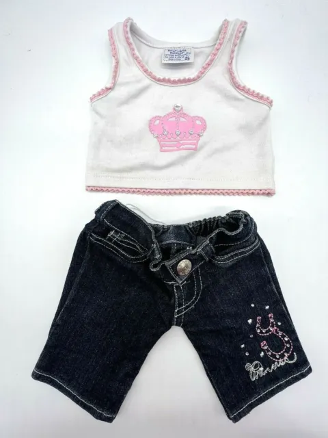 Build a Bear Pink White Crown Princess Tank & Horseshoe Denim Jeans Teddy Outfit