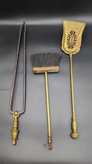 Vintage 3 Pieces Fireplace Tool Set Sand Cast Brass