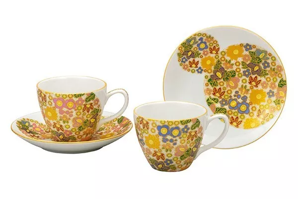 Kutani yaki ware Japanese Coffee cup and saucer set of 2 Porcelain Hanatsume