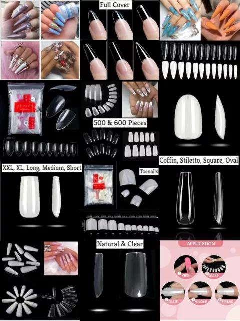 False Fake Nails Coffin Square Stiletto Oval Extra Long Medium Short Full Cover