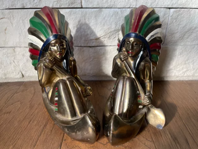 Antique Native American Canoe Metal Bookends, Ronson?