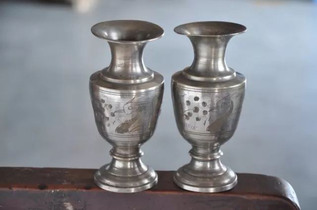 2 Pc 1930's Old Brass Inlay Engraved Handcrafted Unique Shape Flower Pot/Vase