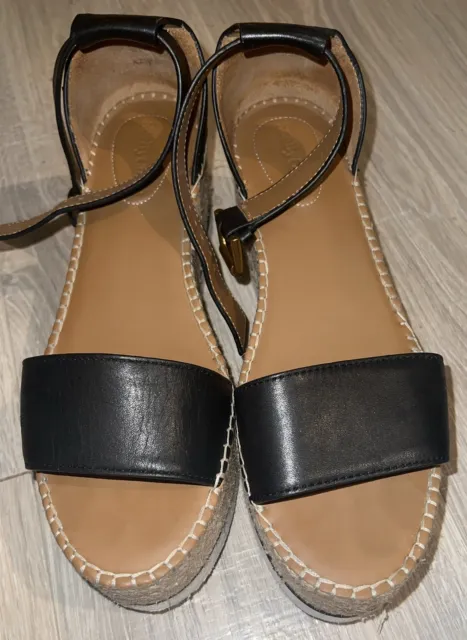 See By Chloe Glyn Leather Flatform Platform Espadrille Sandals Black Size 39