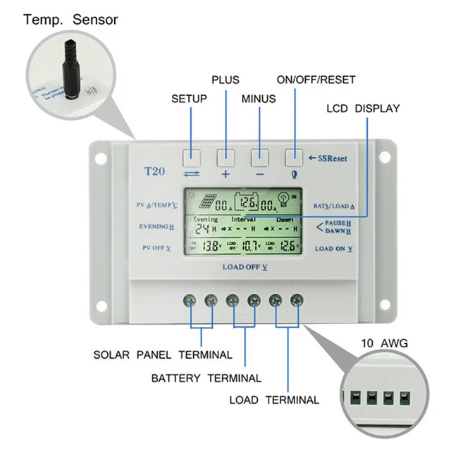 Pantalla LCD 20A MPPT Panel Solar Controlador de Carga de Batería para Sistema de 12V/24V