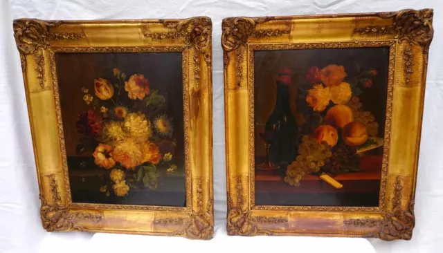 Still Life Original Oil Painting Panel Pair Gilt Framed Large 24" by 20" French