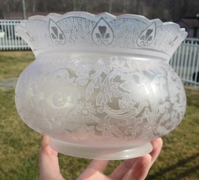 Vintage 19th C. Deep Etched Gas Oil Lamp Crown Top Shade LOOK! 5" Fitter