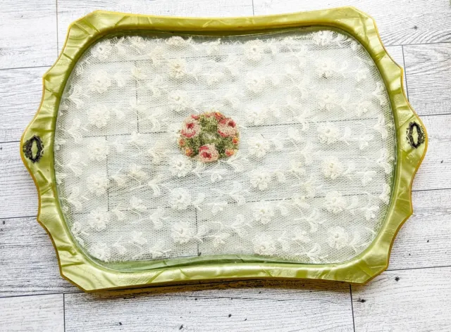 Vintage Vanity Tray Green Celluloid With Glass Lace Roses Shabby Chic