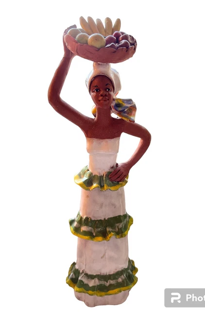 Jamaican Creole Woman Basket Figurine Folk Art Pottery Red Clay Glazed Sculpture