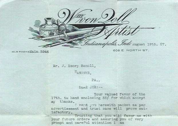 William von Zell Artist Indianapolis IN 1907 Illustrated Letterhead