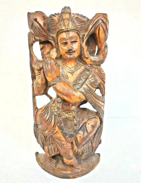 Vintage Old Antique Fine Hand Crafted Wooden Hindu God Krishna Statue / Figure