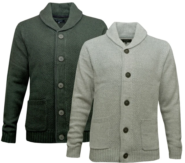 Mens Plain Cardigan Button Up Shawl Neck Thick Knitted Jumper Ex Store S - 3XL