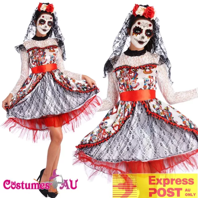 Ladies Day Of The Dead Costume Senorita Fancy Dress Halloween Skull Mexican