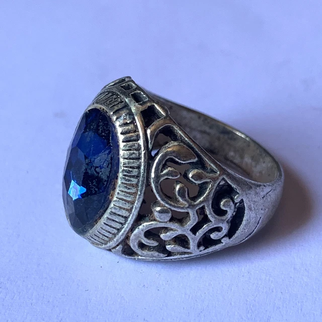 Very Rare Ancient Scandinavian Viking Style Engraved Silver Ring With Blue Stone