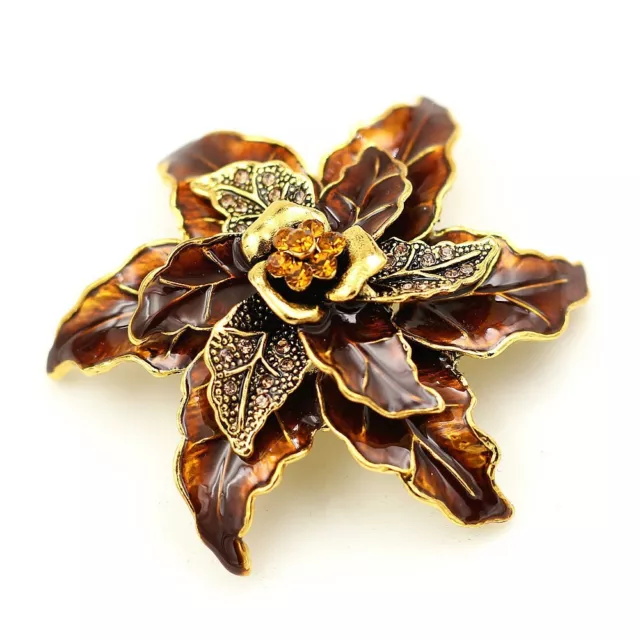 Vintage Style Enamel Crystal Big Flower Pendant Bronze Tone Pin Brooch Gift