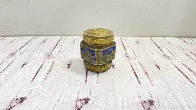 Vintage Brass Blue Enamel Chinese Tea Caddy, Cloisonné Trinket Snuff Box