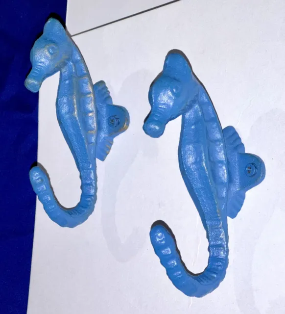 Rustic Blue Cast Iron Seahorse Wall Hooks, 5 in. Set of 2 w/screws & anchors
