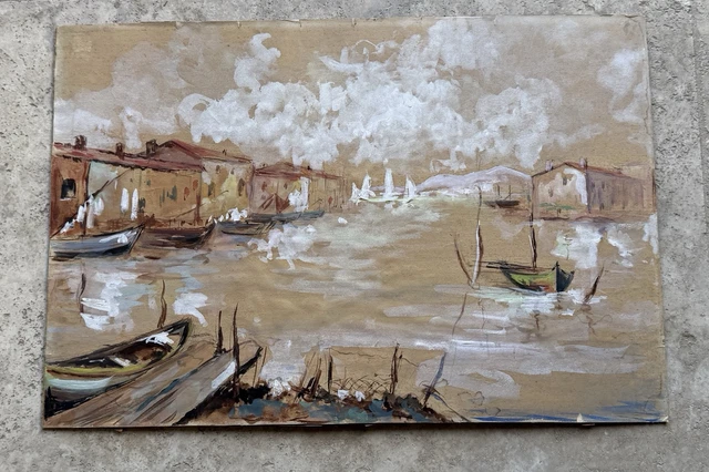 Tableau Ancien Marine - Peinture Sur Soie, Bateaux, Paysage Maritime, Déco Vintage
