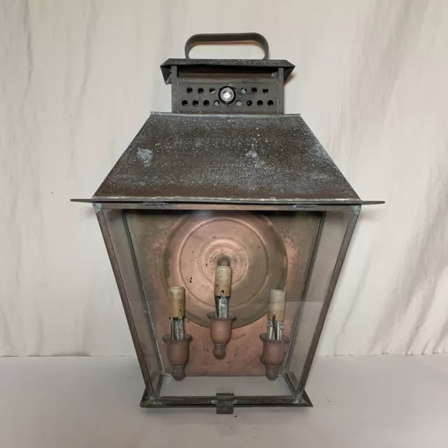 Vintage Copper & Glass Outdoor Sconce Lantern Light Porch Deck Wall Mount 3 Bulb