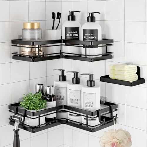 Shower Caddy - 3 Piece Set, Corner Shower Shelves with Hooks & Soap Black