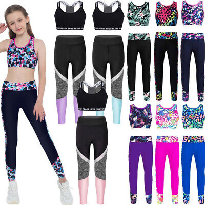 Kids Girls Workout Yoga Sports Crop Tank Top Shirt Gymnastic Fitness Outfit Set
