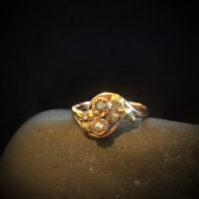 Bague De Promesse Ancienne. Or Jaune Et Rose 750 (18K) Et Perles Supposées Fines