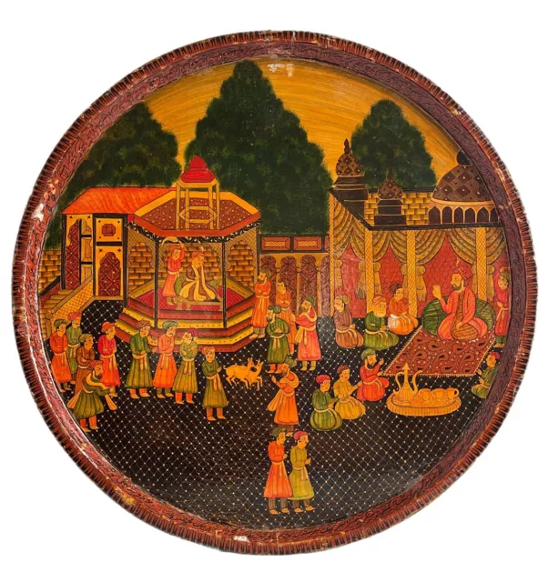 Vintage Persian Kashmir Papier Mache Wall Plate Serving Tray Lacquer Dish 17.5”