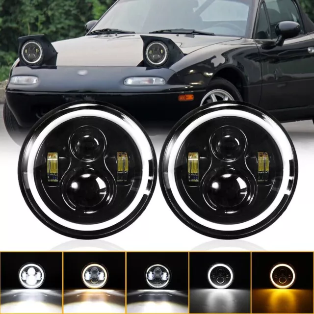 For Mazda MX5 Mk1 Miata Eunos Roadster  2x DOT 7'' LED Headlights Halo Angel Eye