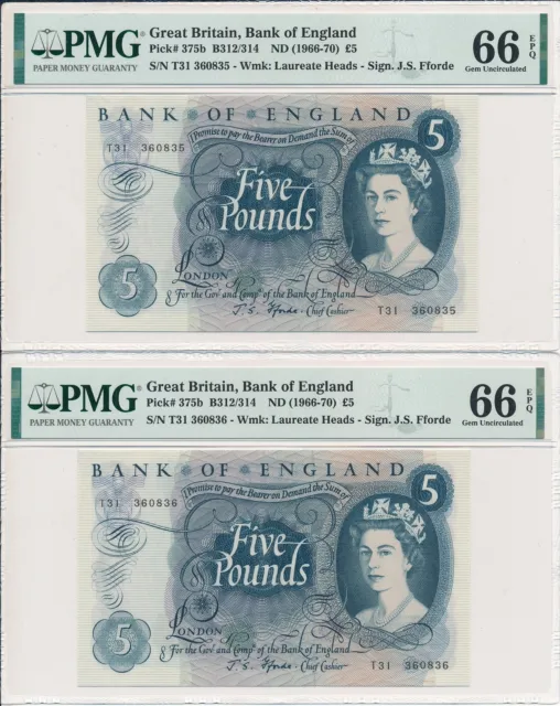 Bank of England Great Britain  5 Pounds 1966-70  PMG  66EPQ 2 Pcs in cont. no