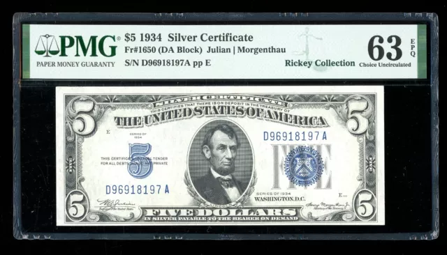 DBR 1934 $5 Silver Fr. 1650 DA Block PMG 63 EPQ Serial D96918197A
