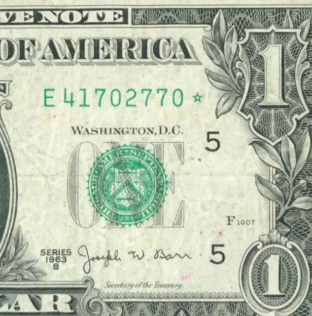 ** STAR ** $1 1963 B ((JOSEPH BARR)) Federal Reserve Note DAILY CURRENCY AUCTION