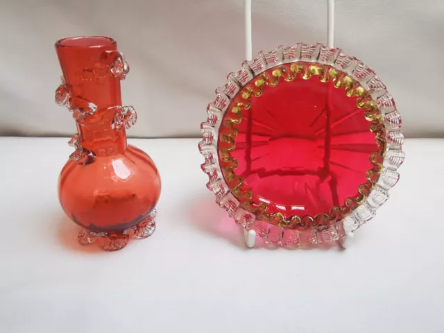 Paar Antikes Viktorianisches Glas, Kleine Vase Und Schüssel, Cranberry, Pfirsich, Gold