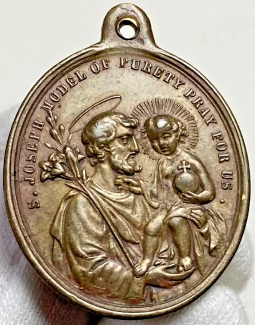 Rare Antique 1840’s English copper medal St. Joseph MODEL OF PURETY PRAY FOR US