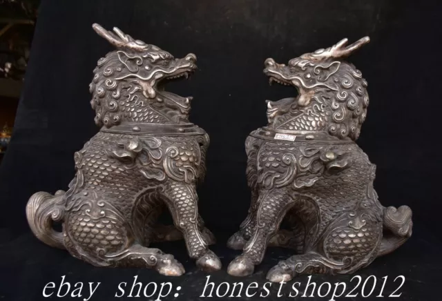 12.8" Markierte alte chinesische Silber QIlin kylin Weihrauchbrenner Statue Paar