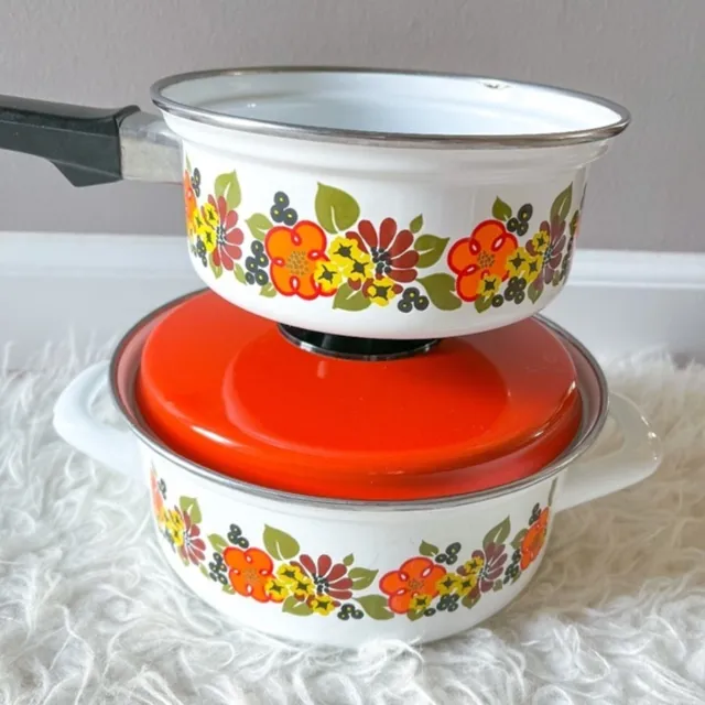 Vintage Austria Email Enamelware Retro Floral Sauce Pan Set - 3 piece