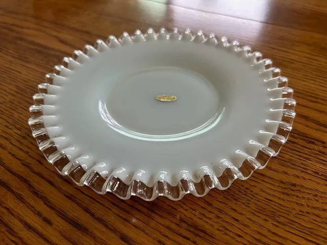 4 ea Vintage Fenton Silver Crest Milk Glass Ruffled Crimped Edge Dessert Plates