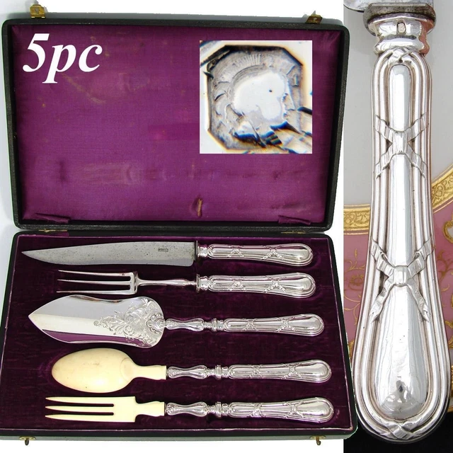 Antique French Sterling Silver 5pc Meat, Salad & Fish Serving Utensil Set, Box